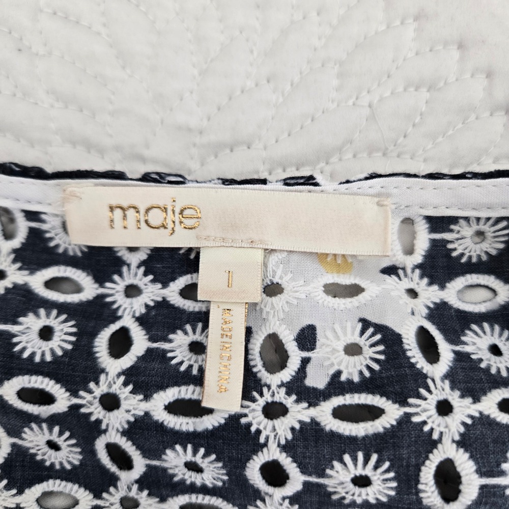 MAJE Rayom Daisy Print Eyelet Dress Black White Long Sleeve Crossover V-Neck - Picture 10 of 10